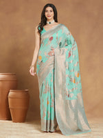 Thumbnail for Janasya Sea Blue Linen Blend Floral Jacquard Saree