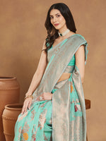 Thumbnail for Janasya Sea Blue Linen Blend Floral Jacquard Saree