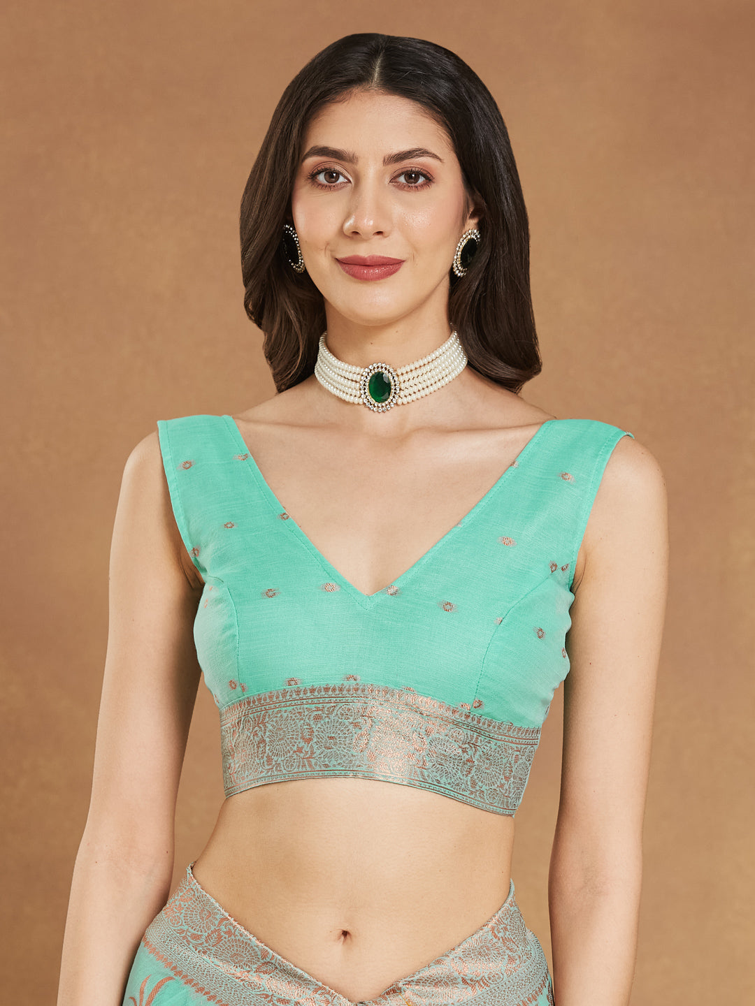 Janasya Sea Blue Linen Blend Floral Jacquard Saree