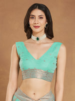 Thumbnail for Janasya Sea Blue Linen Blend Floral Jacquard Saree