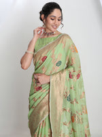 Thumbnail for Janasya Light Green Linen Blend Floral Jacquard Saree