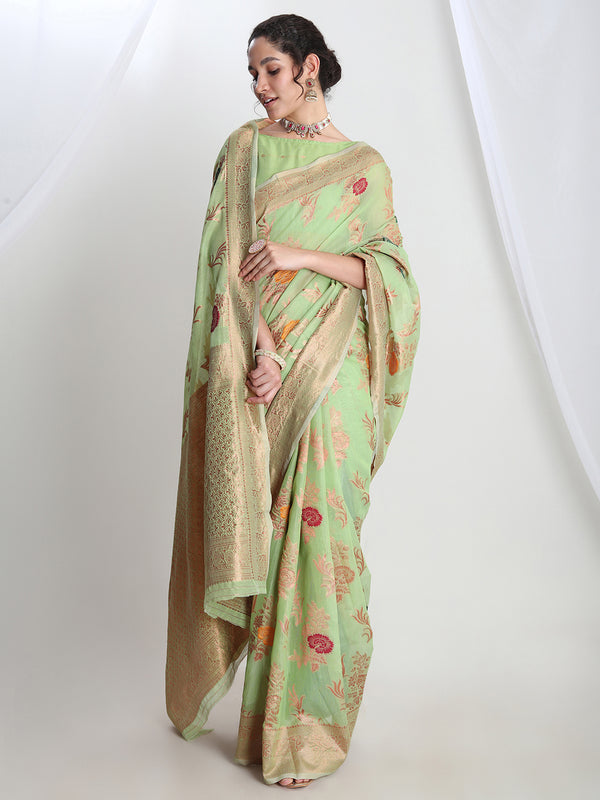 Janasya Light Green Linen Blend Floral Jacquard Saree