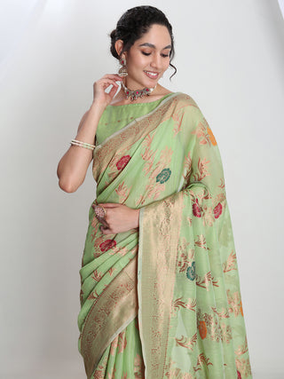 Janasya Light Green Linen Blend Floral Jacquard Saree