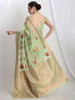 Thumbnail for Janasya Light Green Linen Blend Floral Jacquard Saree