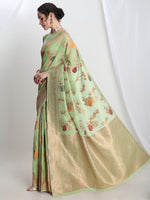 Thumbnail for Janasya Light Green Linen Blend Floral Jacquard Saree
