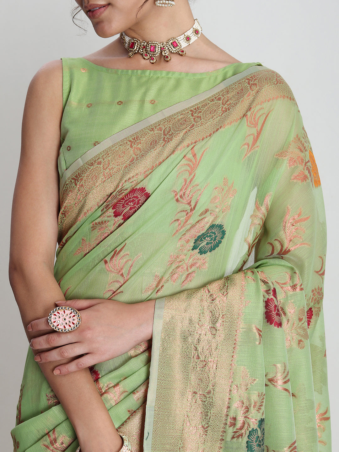 Janasya Light Green Linen Blend Floral Jacquard Saree