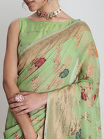 Thumbnail for Janasya Light Green Linen Blend Floral Jacquard Saree