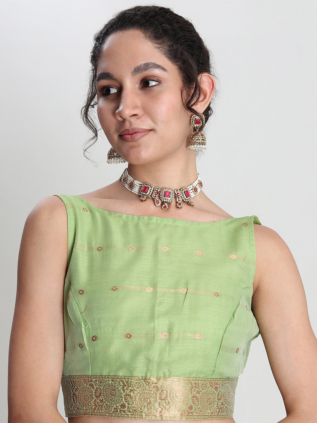 Janasya Light Green Linen Blend Floral Jacquard Saree