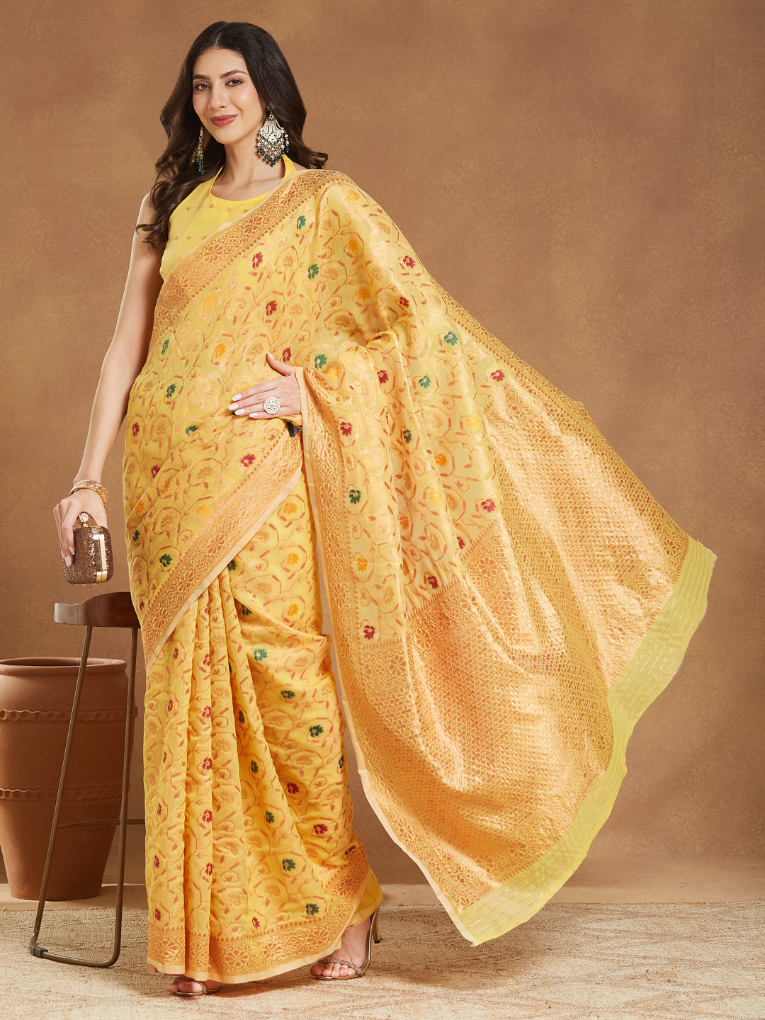 Janasya Yellow Linen Blend Patola Jacquard Saree