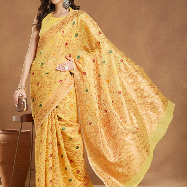 Janasya Yellow Linen Blend Patola Jacquard Saree