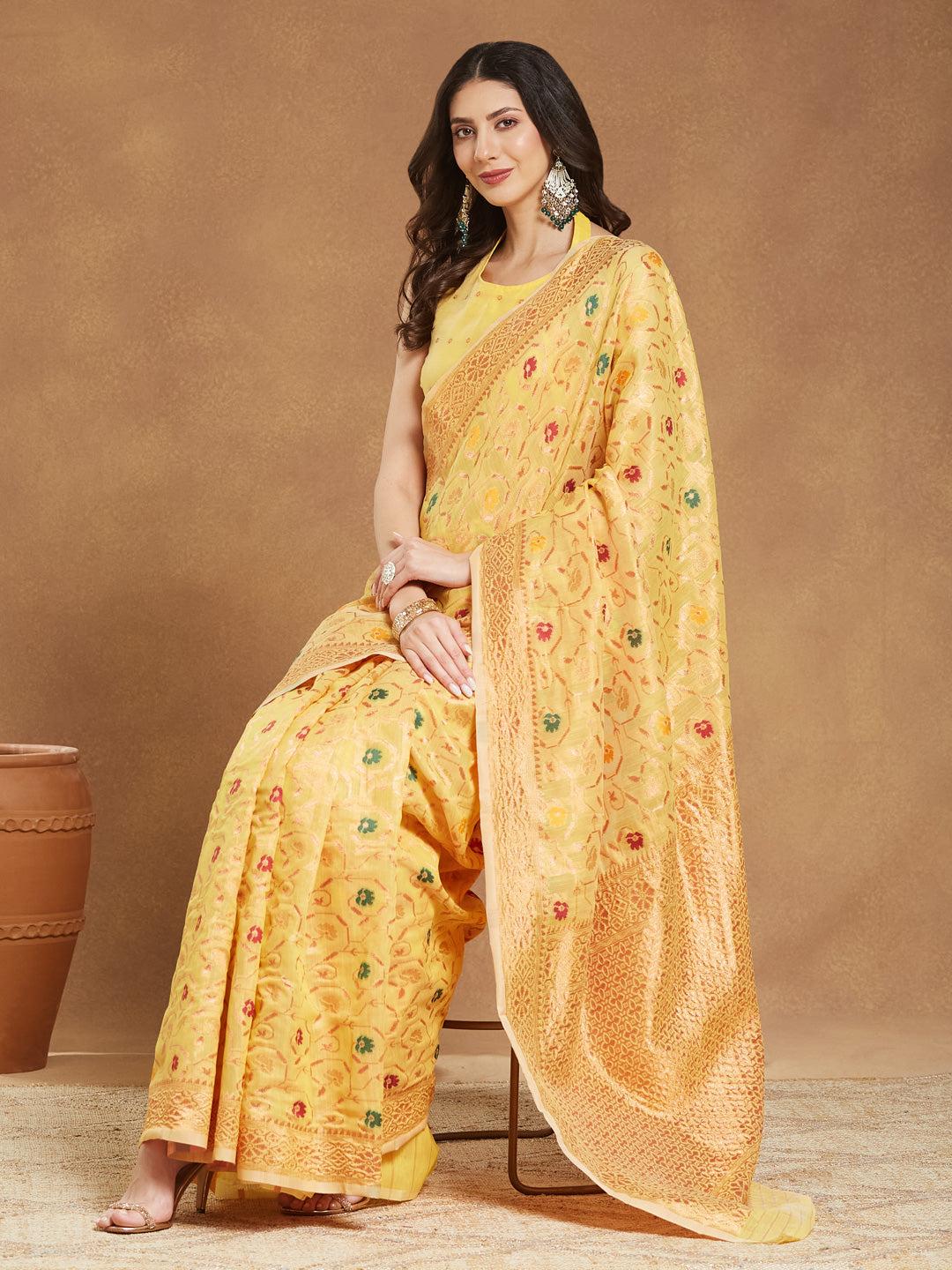 Janasya Yellow Linen Blend Patola Jacquard Saree
