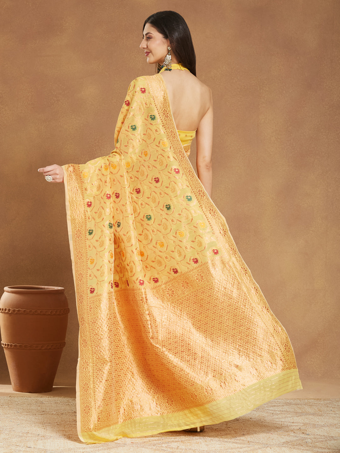 Janasya Yellow Linen Blend Patola Jacquard Saree