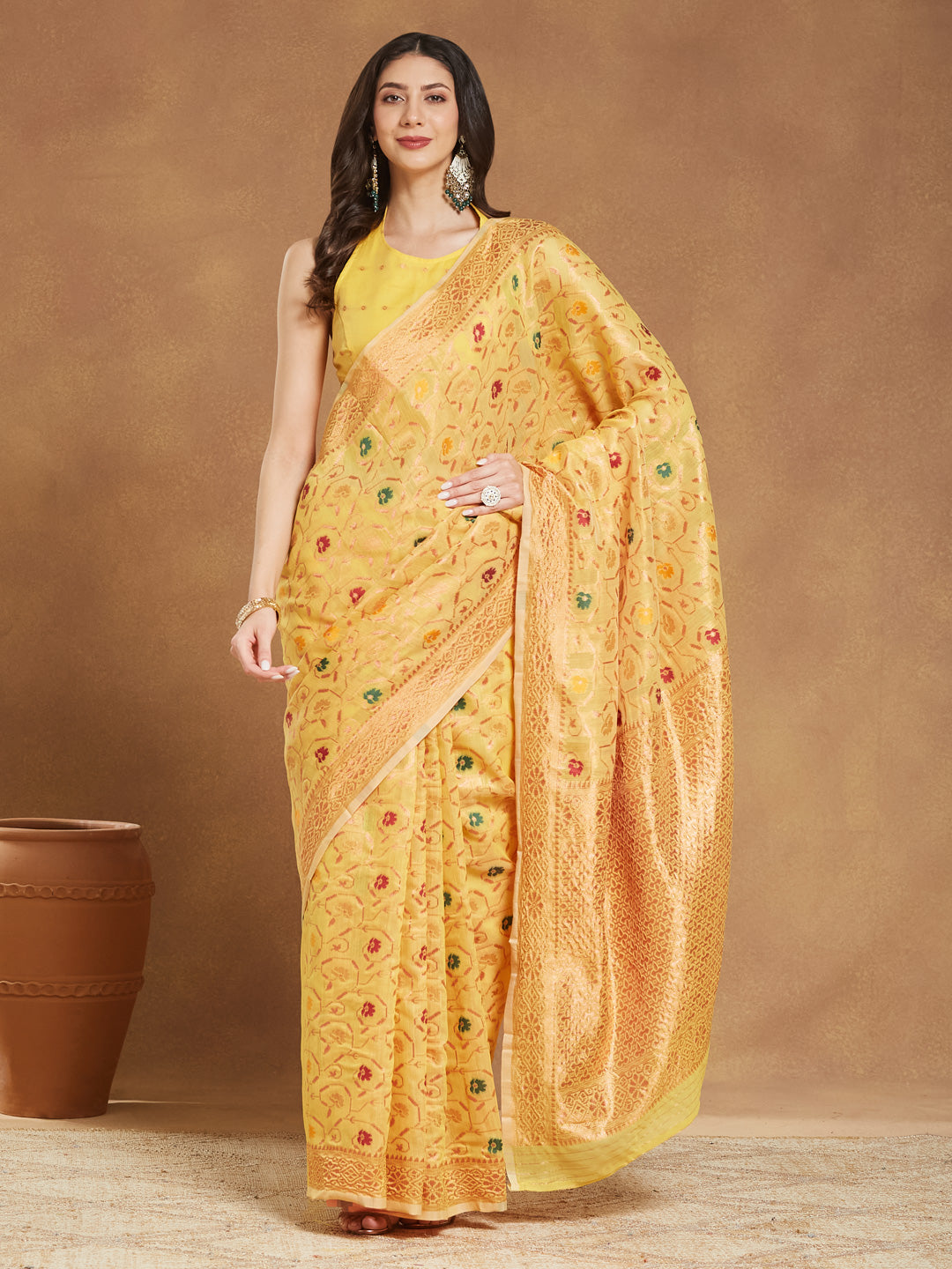 Janasya Yellow Linen Blend Patola Jacquard Saree