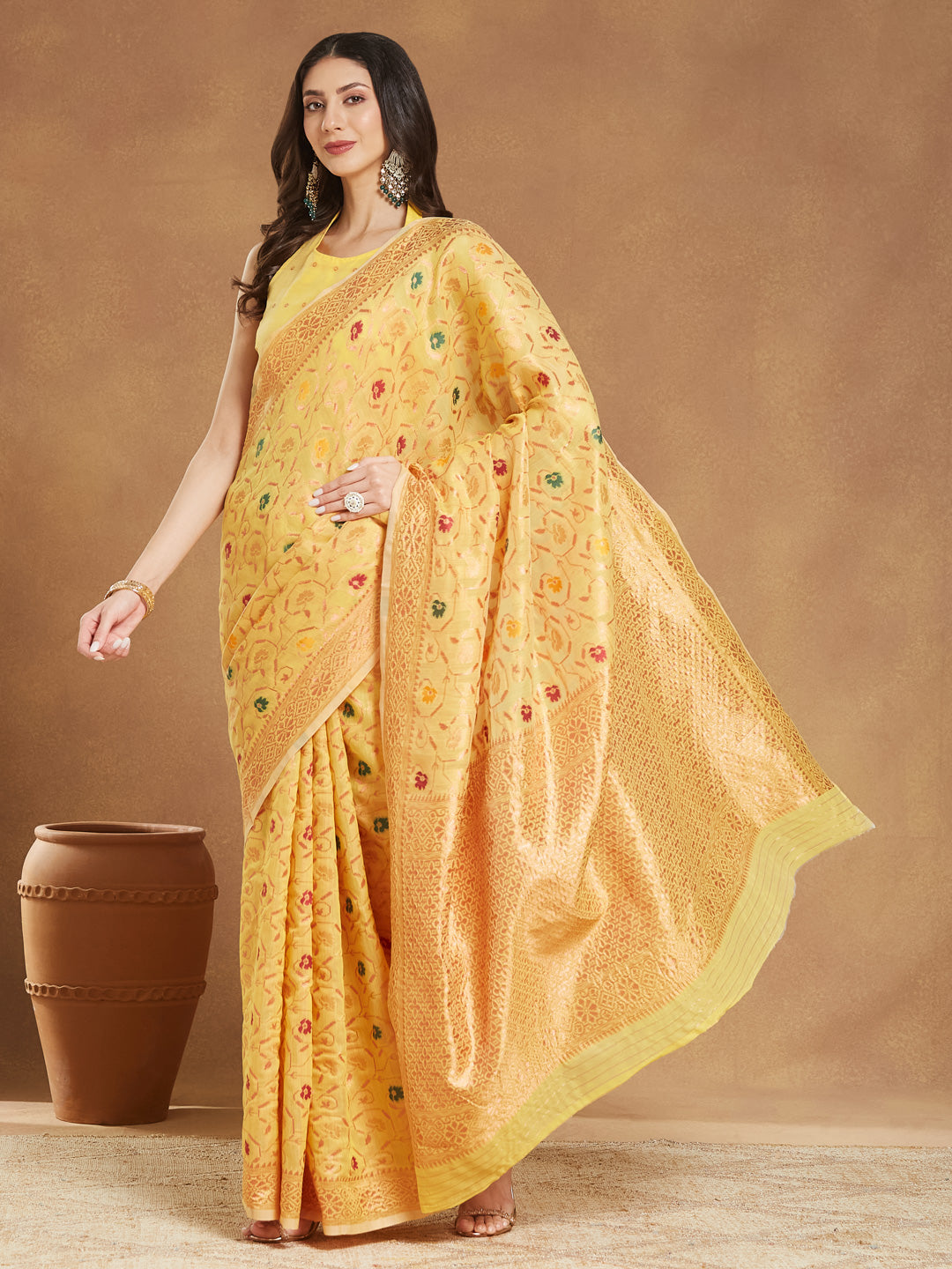 Janasya Yellow Linen Blend Patola Jacquard Saree