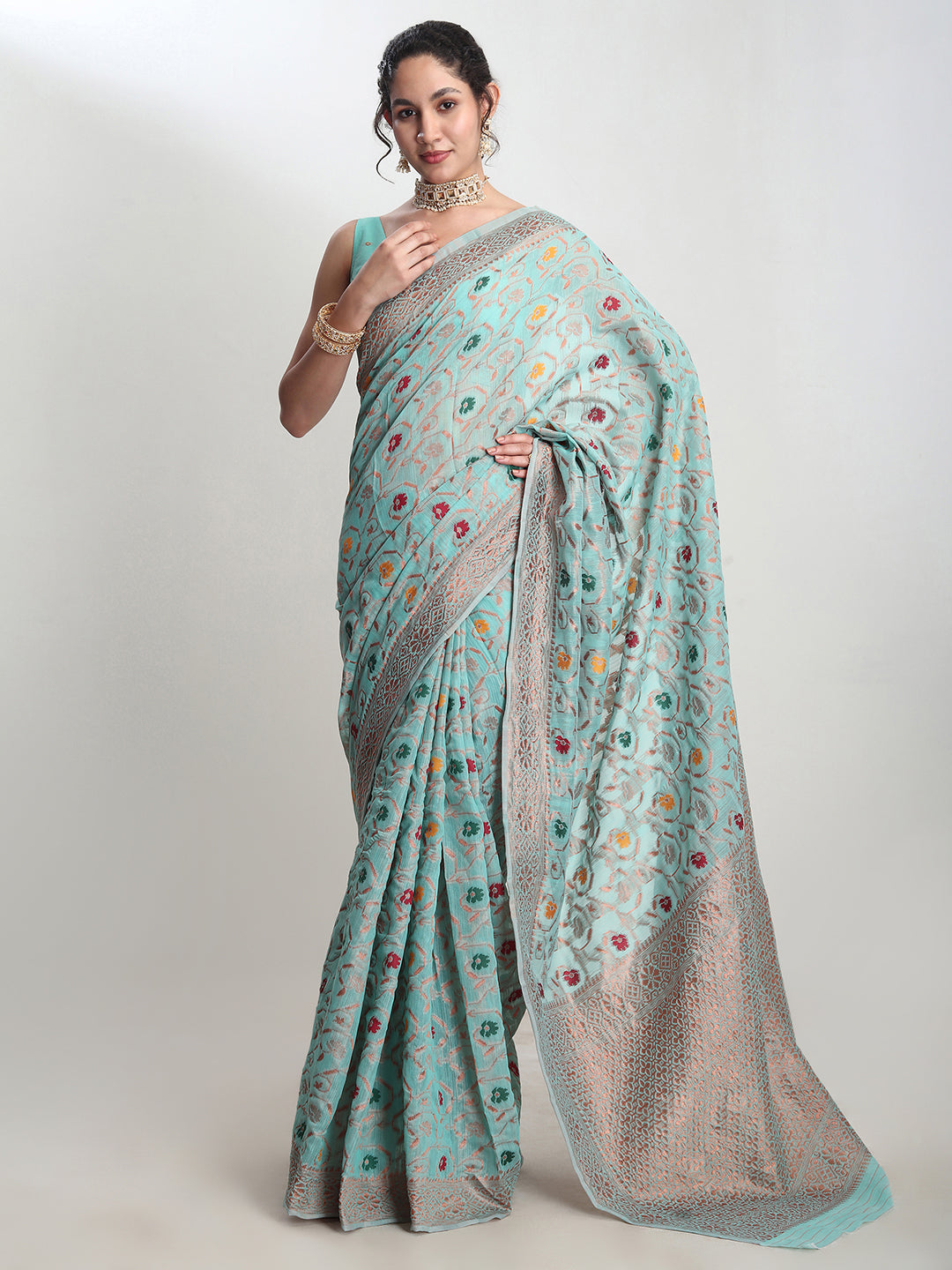 Janasya Sea Green Linen Blend Floral Jacquard Saree - Distacart