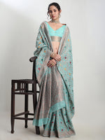 Thumbnail for Janasya Sea Green Linen Blend Floral Jacquard Saree