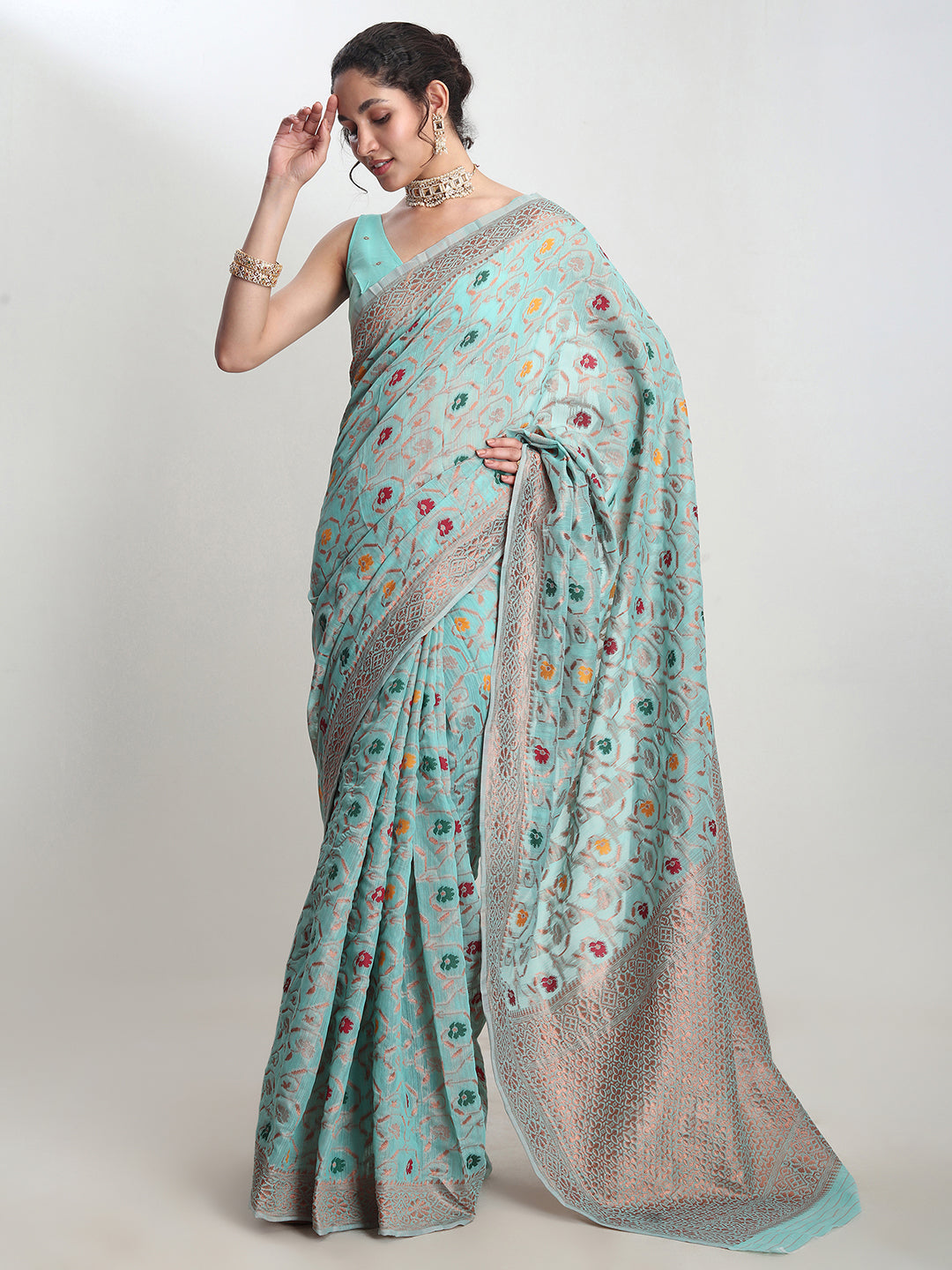 Janasya Sea Green Linen Blend Floral Jacquard Saree