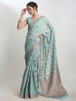 Thumbnail for Janasya Sea Green Linen Blend Floral Jacquard Saree