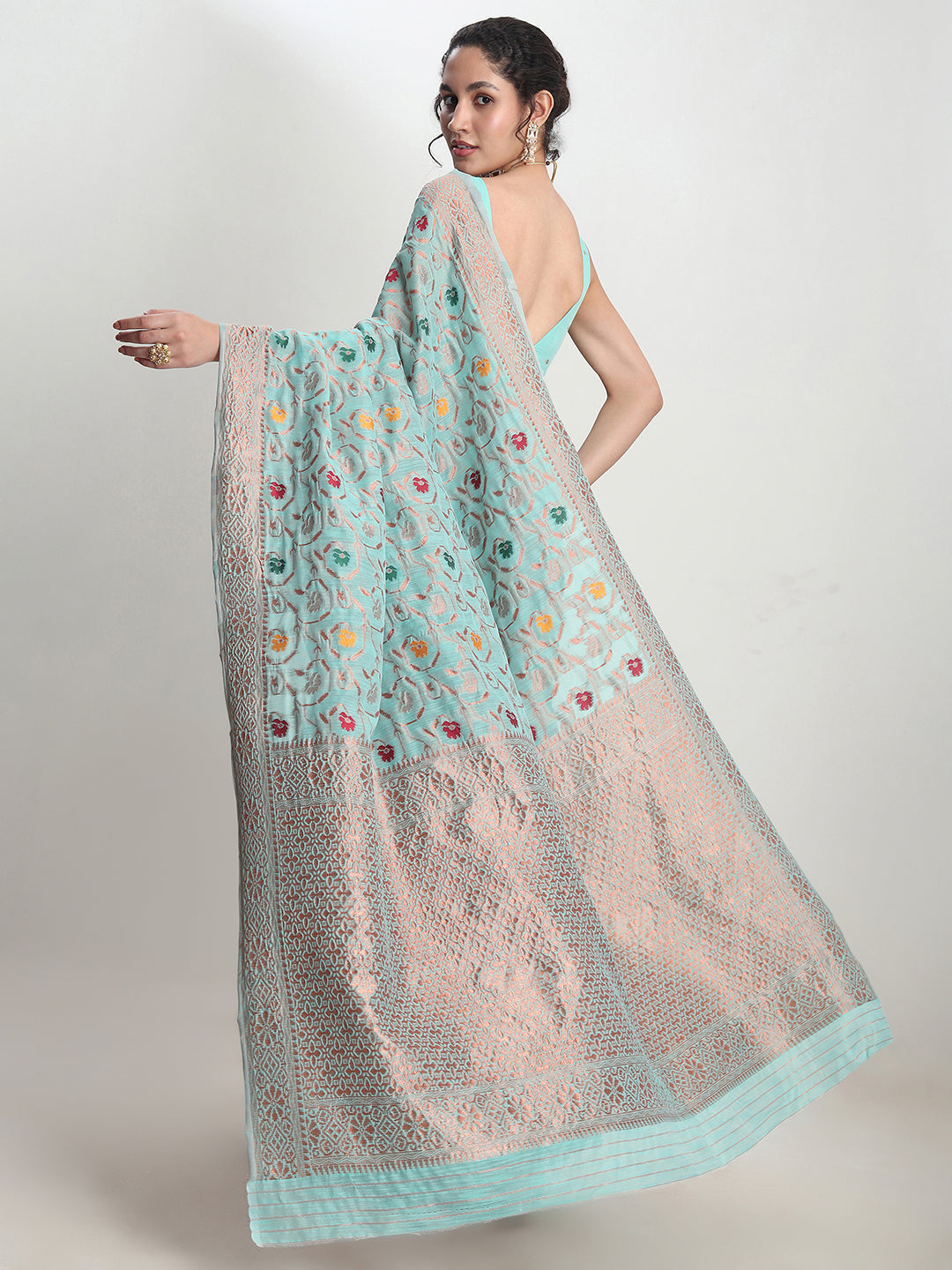 Janasya Sea Green Linen Blend Floral Jacquard Saree
