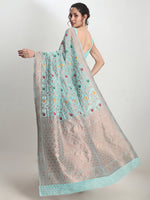 Thumbnail for Janasya Sea Green Linen Blend Floral Jacquard Saree