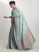 Thumbnail for Janasya Sea Green Linen Blend Floral Jacquard Saree