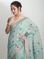 Thumbnail for Janasya Sea Green Linen Blend Floral Jacquard Saree