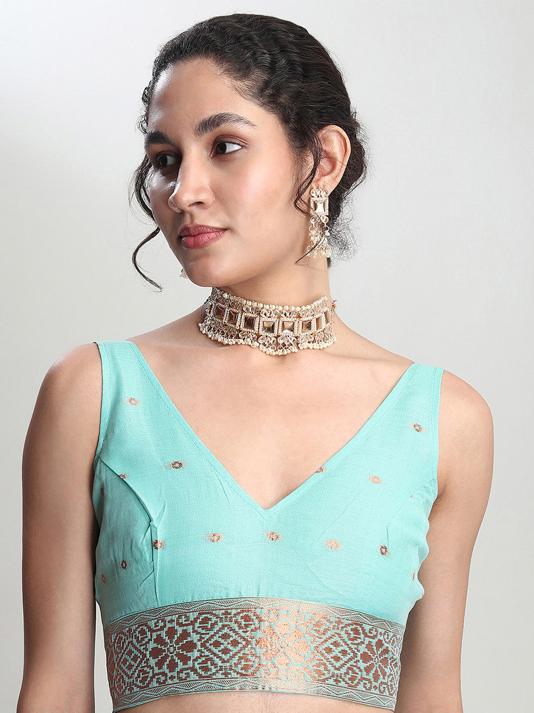 Janasya Sea Green Linen Blend Floral Jacquard Saree