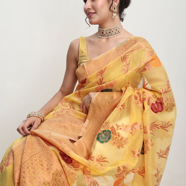 Janasya Yellow Linen Blend Floral Jacquard Saree