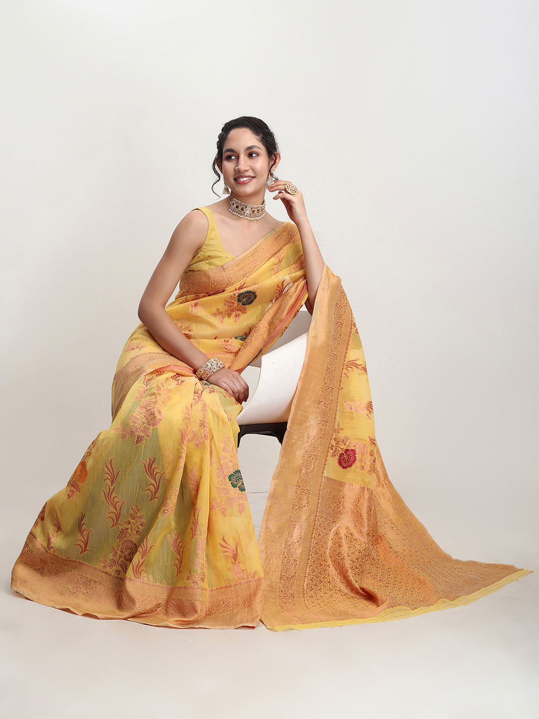 Janasya Yellow Linen Blend Floral Jacquard Saree