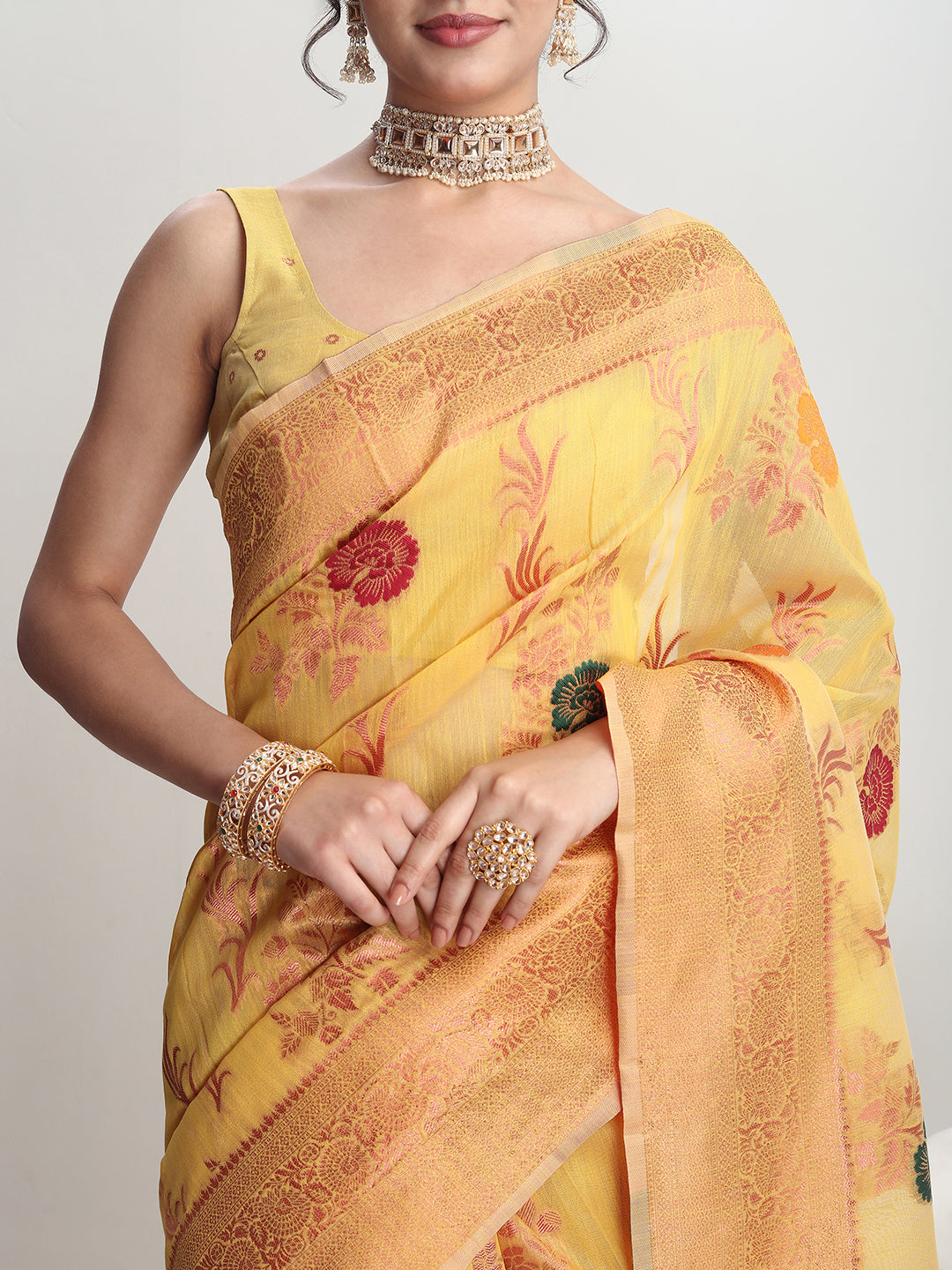 Janasya Yellow Linen Blend Floral Jacquard Saree