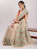 Thumbnail for Janasya Beige Silk Blend Ikkat Jacquard Saree