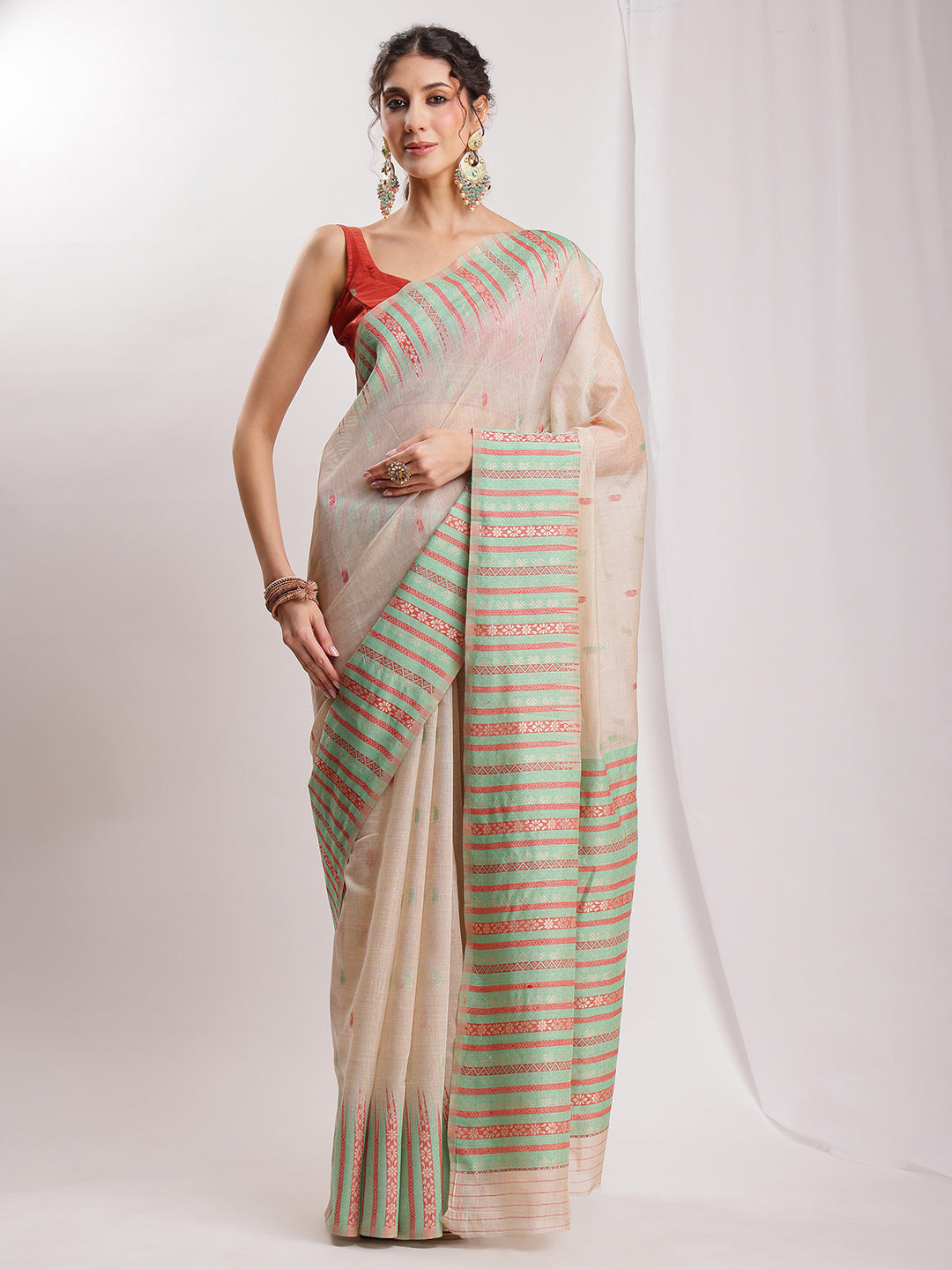 Janasya Beige Silk Blend Ikkat Jacquard Saree