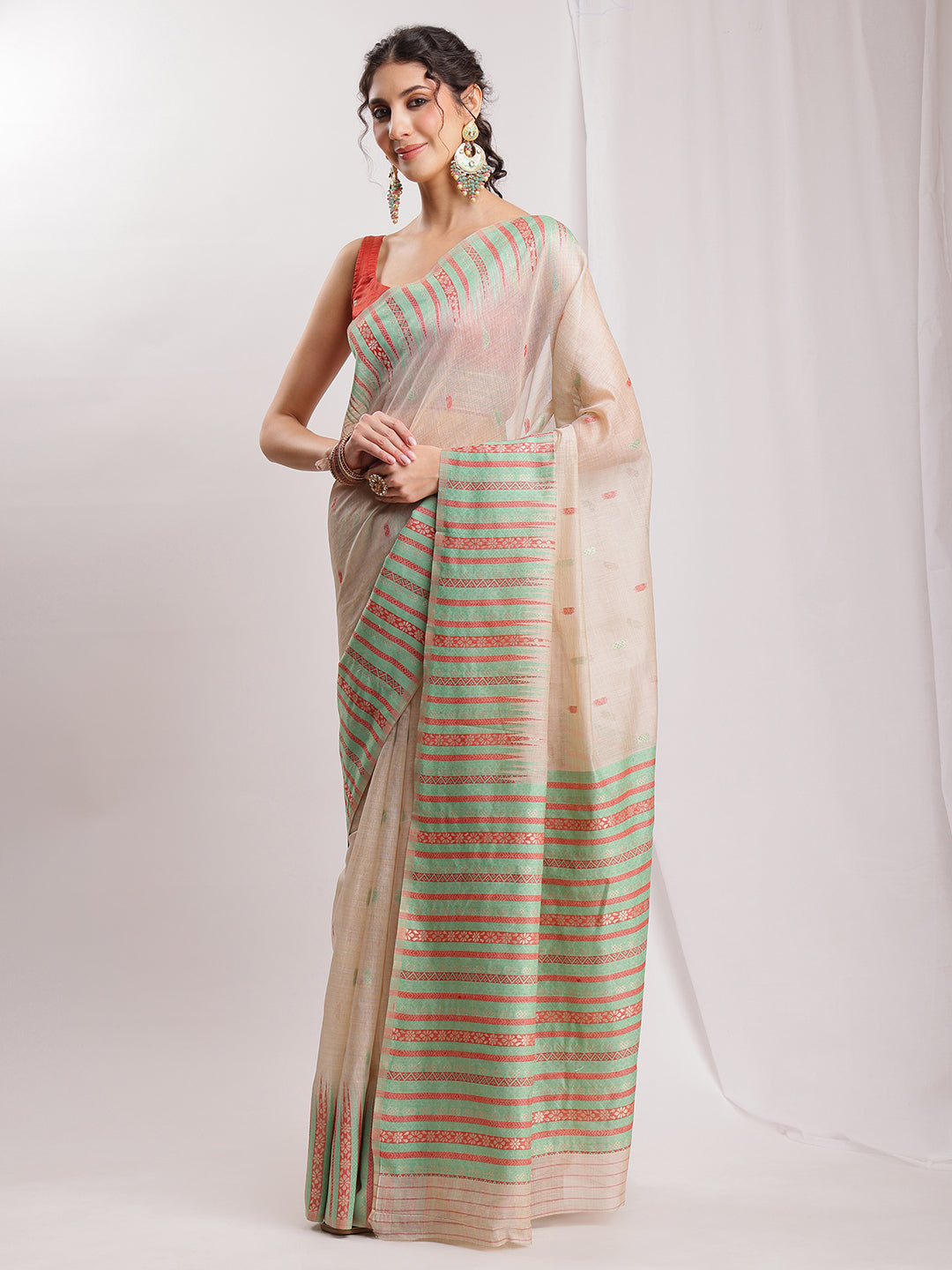 Janasya Beige Silk Blend Ikkat Jacquard Saree