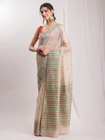 Janasya Beige Silk Blend Ikkat Jacquard Saree - Distacart