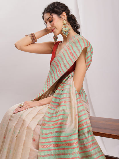 Janasya Beige Silk Blend Ikkat Jacquard Saree - Distacart