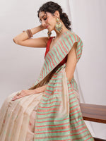 Thumbnail for Janasya Beige Silk Blend Ikkat Jacquard Saree