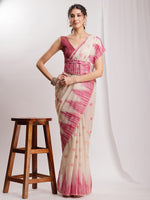Thumbnail for Janasya Beige Silk Blend Ikkat Jacquard Saree