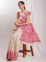 Thumbnail for Janasya Beige Silk Blend Ikkat Jacquard Saree