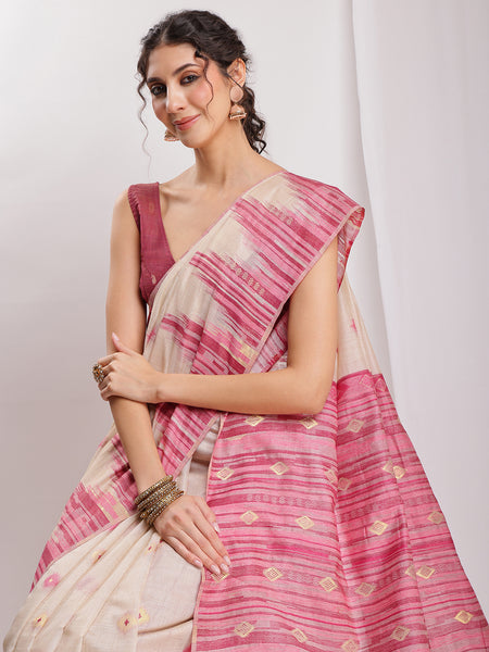 Janasya Beige Silk Blend Ikkat Jacquard Saree