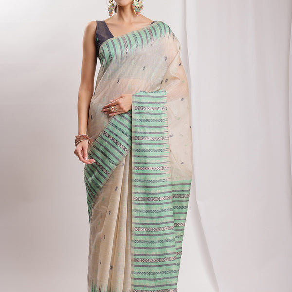 Janasya Beige Silk Blend Ikkat Jacquard Saree
