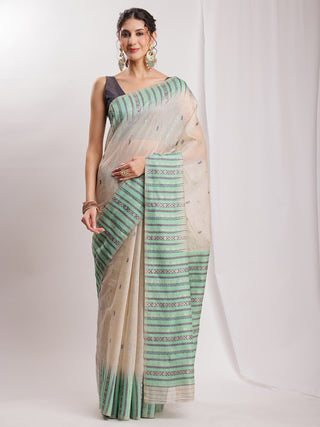 Janasya Beige Silk Blend Ikkat Jacquard Saree