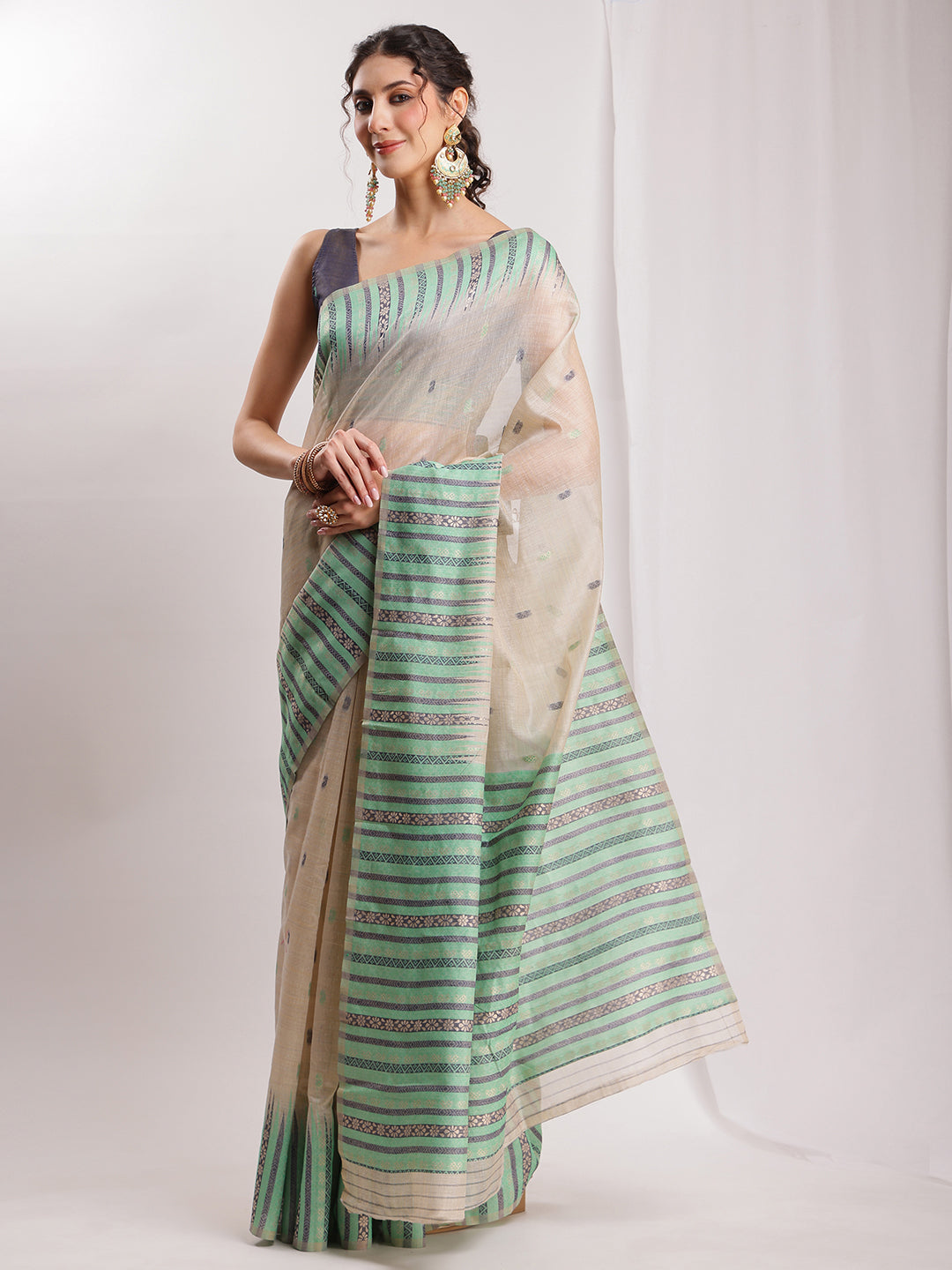 Janasya Beige Silk Blend Ikkat Jacquard Saree