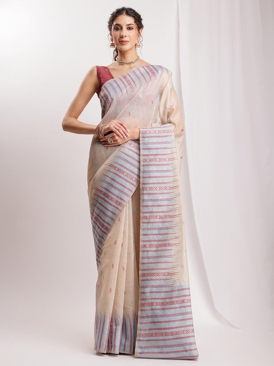 Janasya Beige Silk Blend Ikkat Jacquard Saree