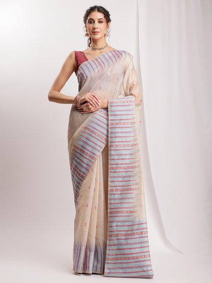 Janasya Beige Silk Blend Ikkat Jacquard Saree - Distacart