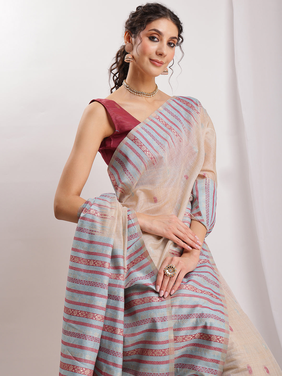 Janasya Beige Silk Blend Ikkat Jacquard Saree