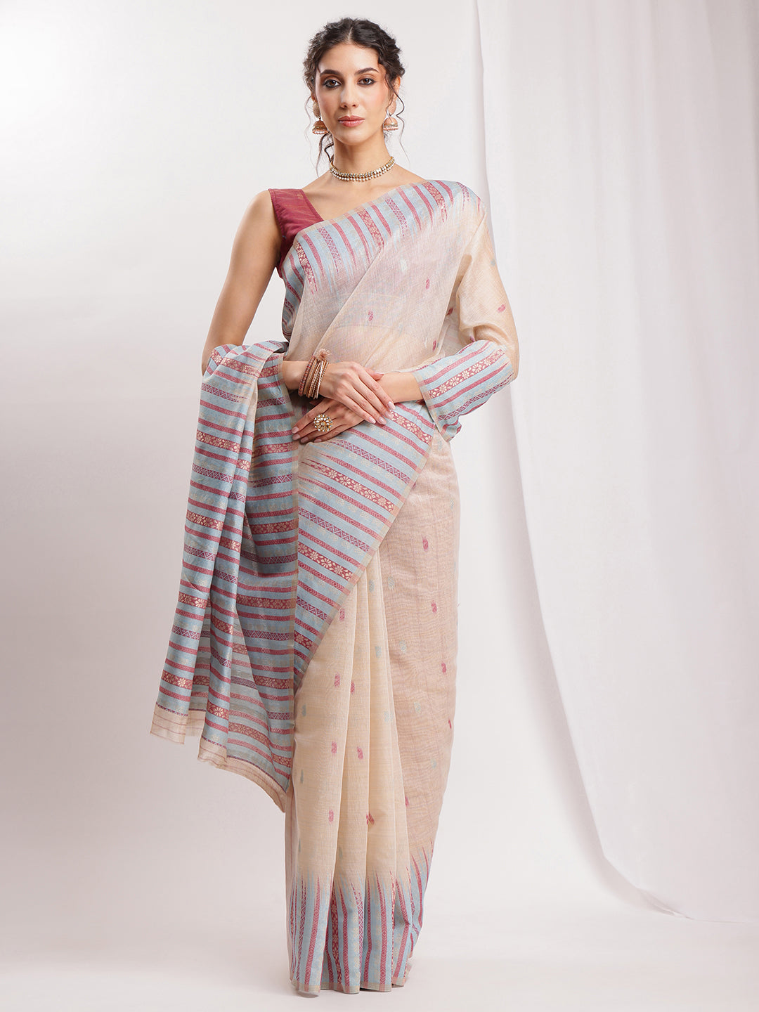 Janasya Beige Silk Blend Ikkat Jacquard Saree