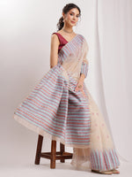 Thumbnail for Janasya Beige Silk Blend Ikkat Jacquard Saree