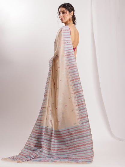 Janasya Beige Silk Blend Ikkat Jacquard Saree - Distacart