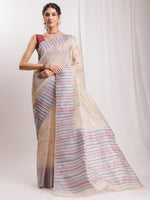 Thumbnail for Janasya Beige Silk Blend Ikkat Jacquard Saree