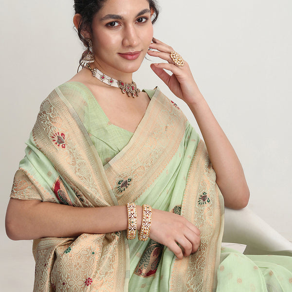 Janasya Light Green Linen Blend Kalamkari Jacquard Saree - Distacart